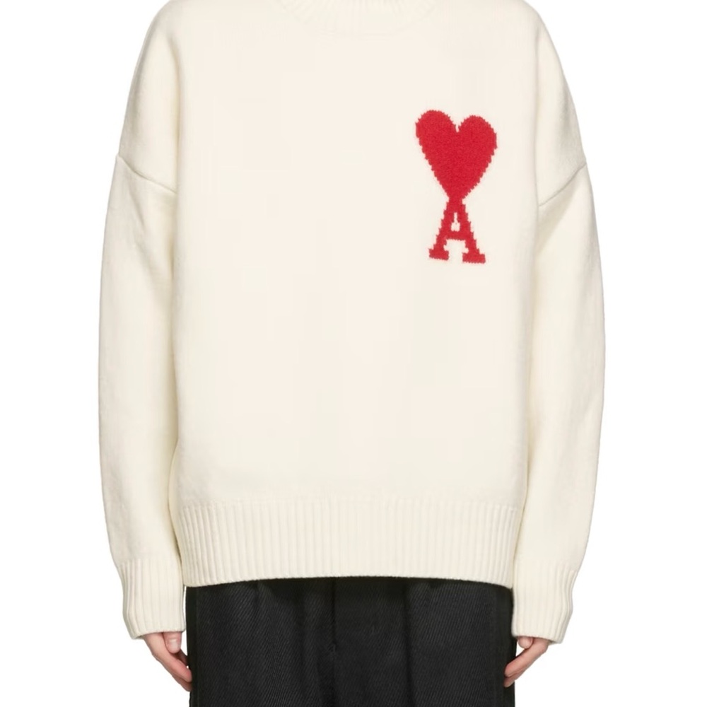 Ami Cream Sweater with Red Heart Accent